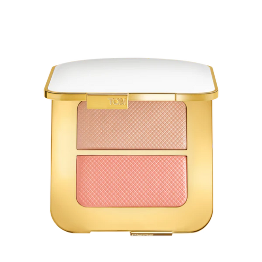 Tom Ford Soleil Sheer Cheek Duo in Eclat Nu featuring highlighter and blush powders in a gold compact at ZARÉ Cosmetics