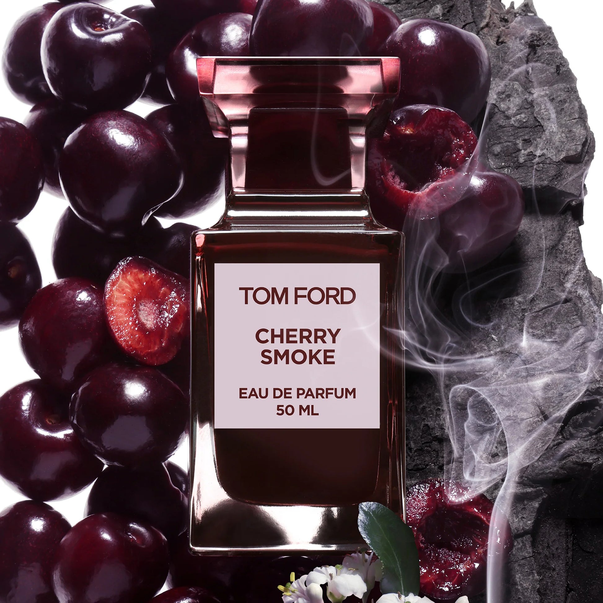 Tom Ford Cherry Smoke Eau de Parfum bottle with dark cherries and smoky styling.