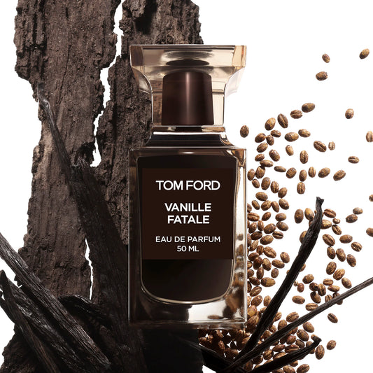 Tom Ford Vanille Fatale perfume bottle with vanilla pods, roasted barley, and dark wood styling.