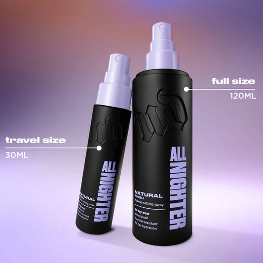 Urban Decay All Nighter natural finish setting spray in 30ml travel size and 120ml full size on ZARÉ Cosmetics