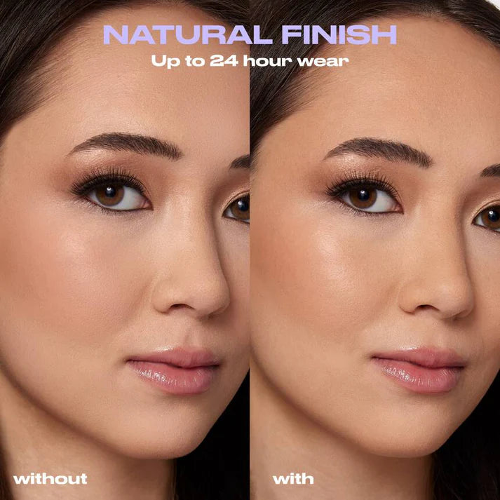Urban Decay All Nighter setting spray with and without comparison showcasing a natural finish on ZARÉ Cosmetics
