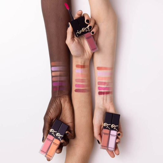 YSL Make Me Blush shade swatches across skin tones including shades 37, 44 and others
